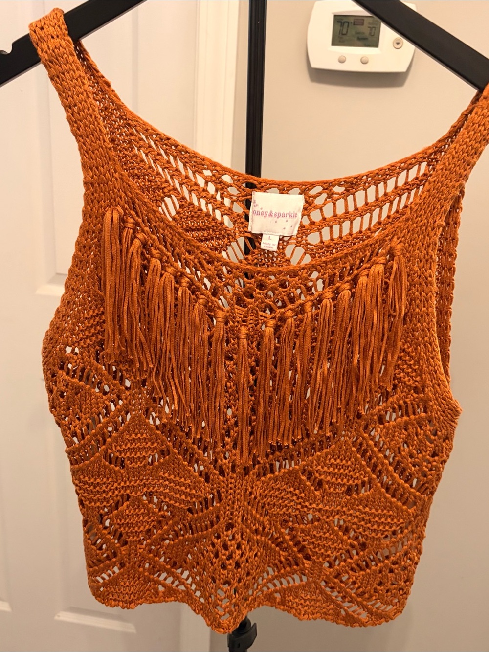Honey &‎ Sparkle Orange Crochet Fringed Boho Crop Tank Top - Size L